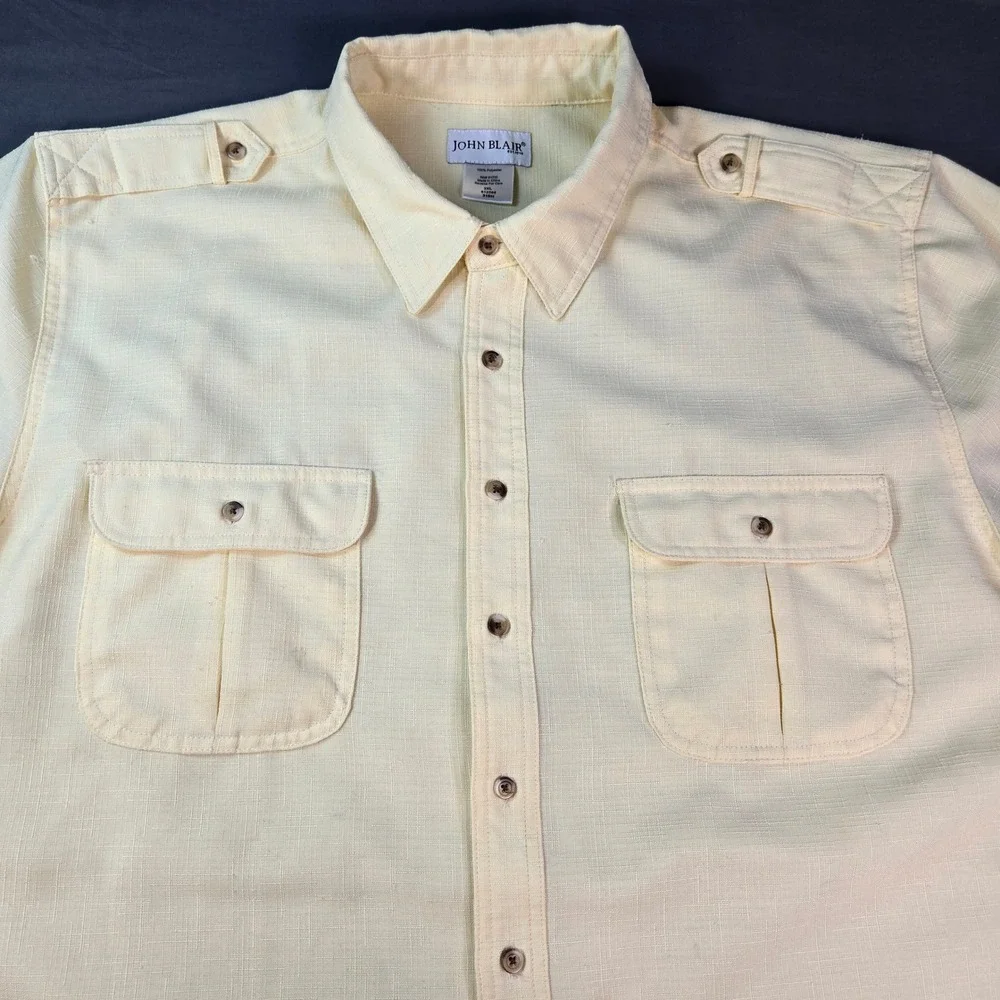 John Blair Mens 3XL Yellow Short Sleeve Button Down Shirt Slub Texture Epaulets